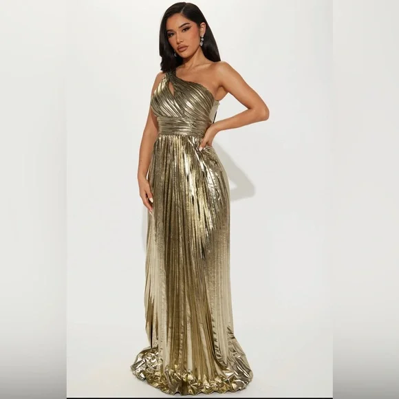 Fashion Nova Dresses Serena Pleated Metallic Maxi Dress Gold